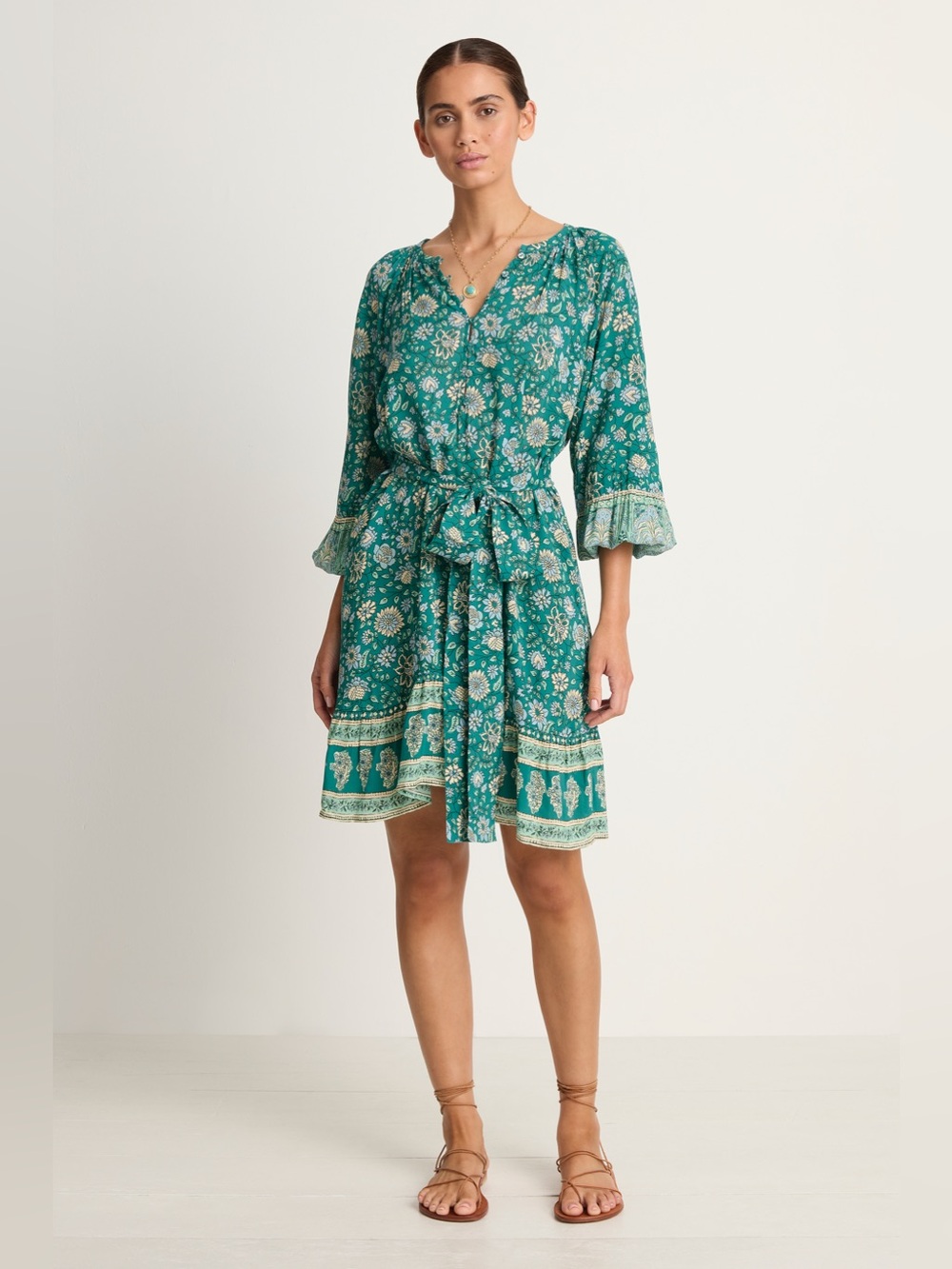 ๐ Spell Elysian Tunic Floral Mini Dress Ruffle Hem in Jade XS - Picture 5 of 11